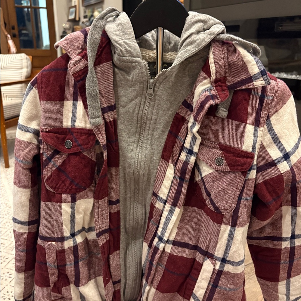 Women's Burgundy Plaid Hooded Shacket with Gray Zip-Up Liner